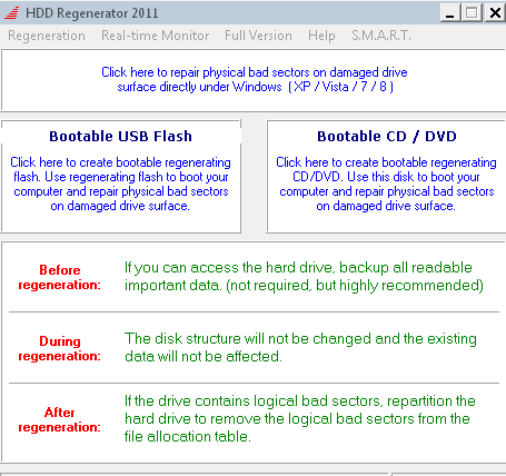 HDD Regenerator es una aplicación que repara sectores defectuosos de un disco duro