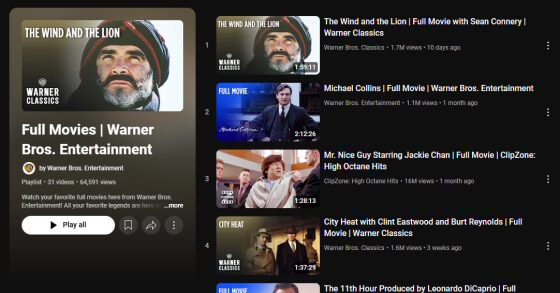 Warner Bros. biedt meer dan 30 films gratis aan op YouTube