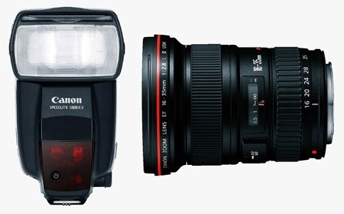 Accesorios para la Canon EOS-1D Mark III:objetivo 16-35mm f/2.8L y  flash 580EX II