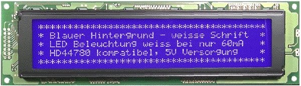 Hermoso: un LCD de 4 lineas de 40 caracteres, color azul.