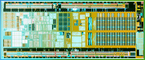 Un micro foto de la superficie del "die" o núcleo de un procesador Atom