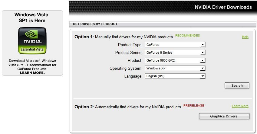 El menú de selección de hardware en la página de Nvidia. Nota la recomendación sobre el SP1 de Vista a la izquierda.