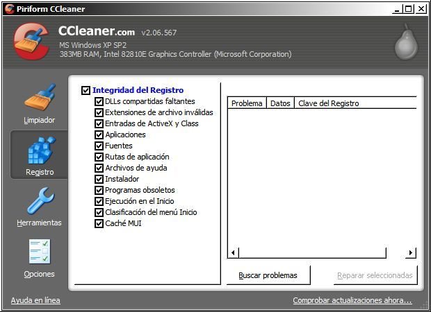 La sección Registro en CCleaner. Tan sencillo como buscar y eliminar.