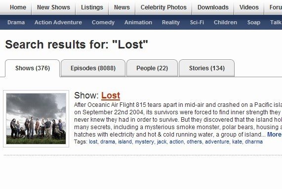 En tv.com, la búsqueda se realiza de manera exacta a epguide.com. Aquí, el resultado correcto siempre está en la solapa Shows