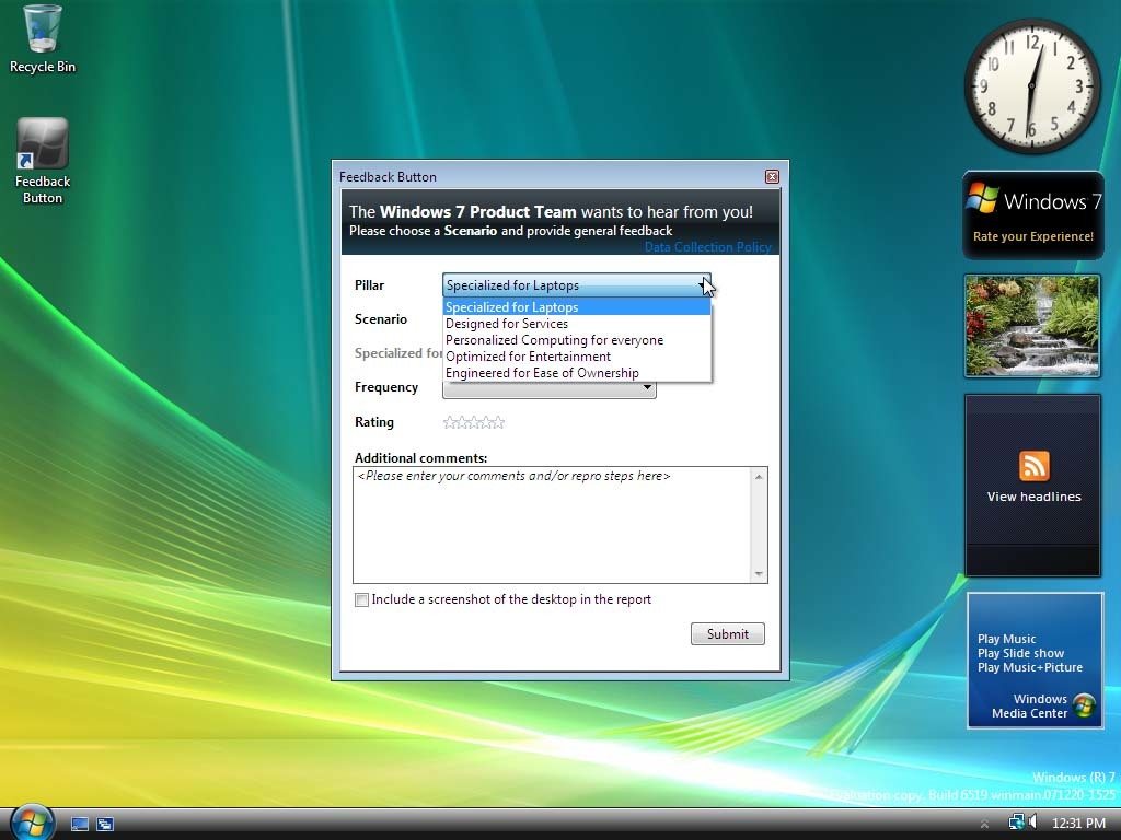 La opción para enviar feedback al equipo de Windows 7