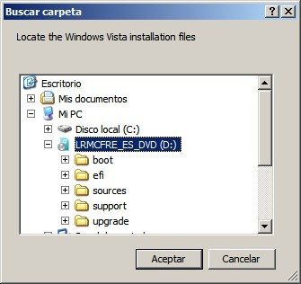 Primero especifica la ubicación de los archivos de Windows Vista...