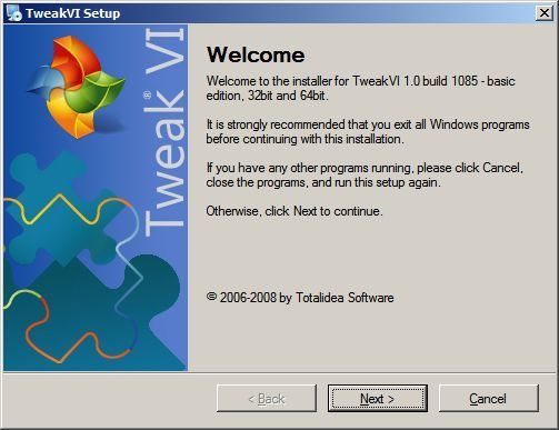 La pantalla de bienvenida de TweakVI