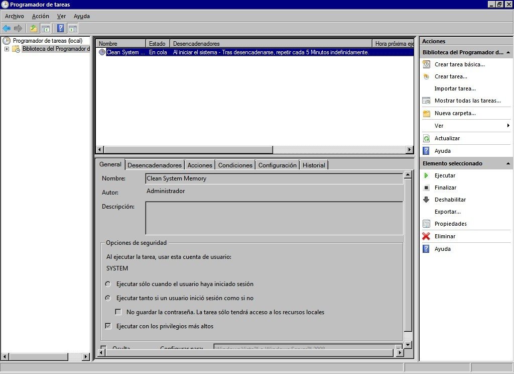 La tarea del CleanMem dentro del Programador de Tareas de Windows Vista
