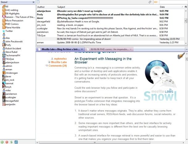 Captura de la pantalla principal del centro de mensajería Snowl