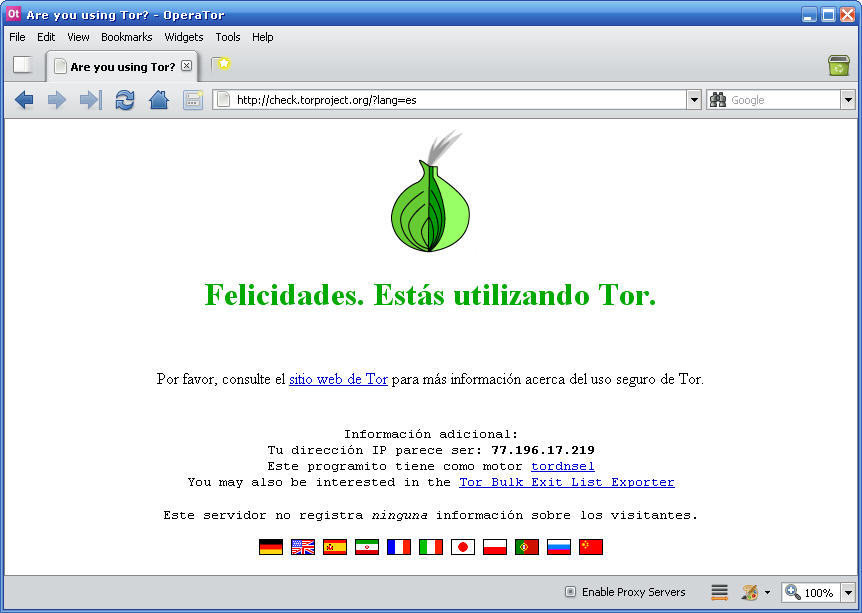 La red Tor, confirmándonos que estamos navegando de manera anónima