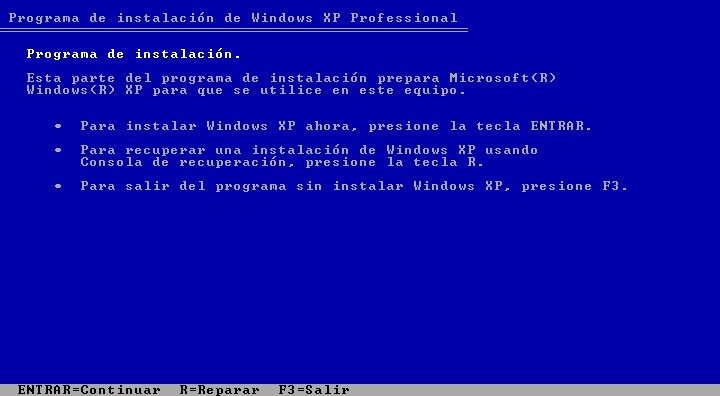 La bienvenida al instalador de Windows XP