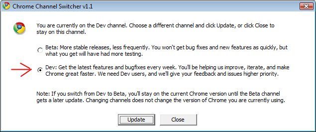 Clic en Dev, luego en Update, cierra y reinicia Chrome. Eso es todo.