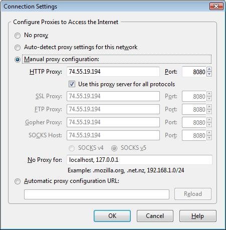 Un ejemplo de proxy configurado en Firefox