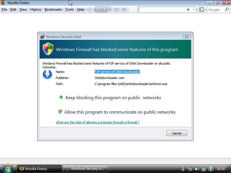 El firewall de Windows 7 advirtió la acción de Orbit