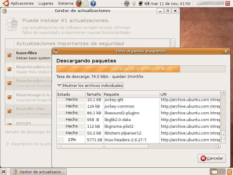 En nuestra instalación Ubuntu pidió actualizar 61 paquetes