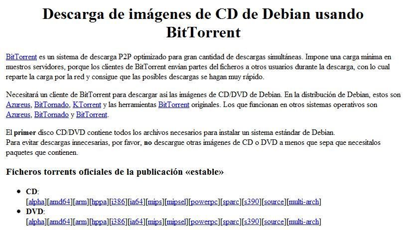 La página de Debian, ofreciendo descargar al sistema operativo por BitTorrent