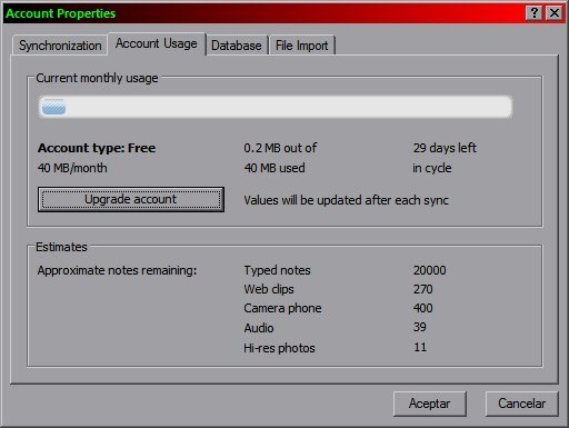 La cuenta gratis de Evernote te permite subir hasta 40 MB mensuales