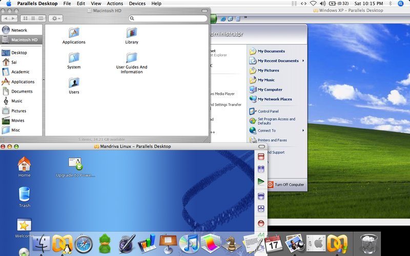 Este ejemplo de Parallels muestra a Mandriva y a Windows XP corriendo a la vez bajo Mac OS