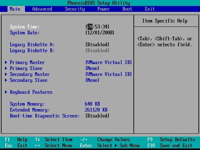 El BIOS de VMWare es muy similar al de un ordenador común