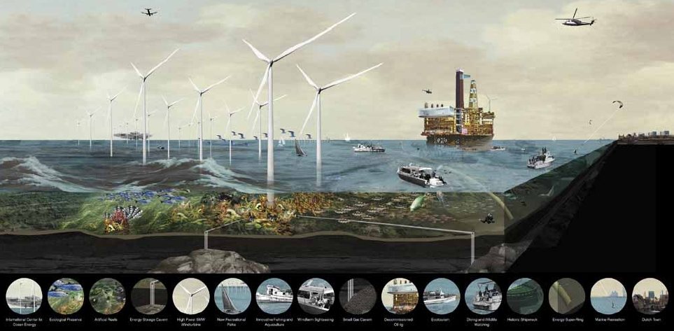 Recreación artística del parque eólico marino del Mar del Norte