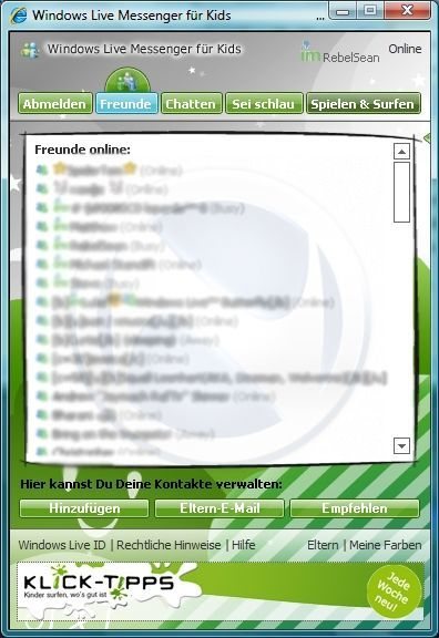 La lista de contactos en el Messenger para niños. Fotos: Neowin.net