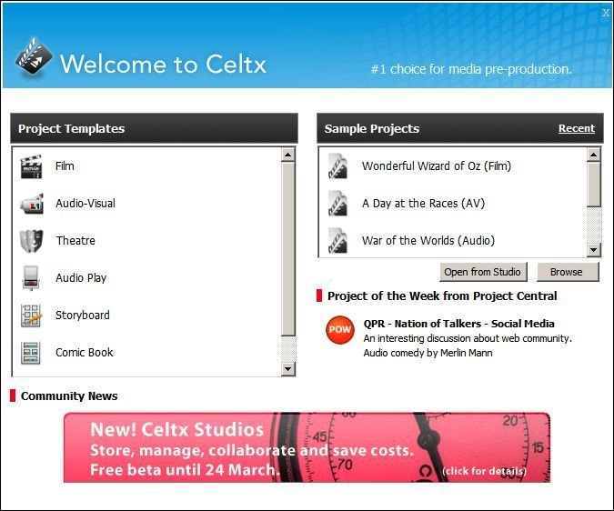 La pantalla inicial de Celtx