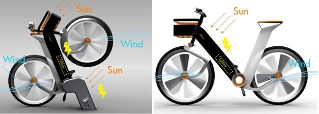 Las bicis se plantan en el soporte y alli recogen la energía del sol y el viento