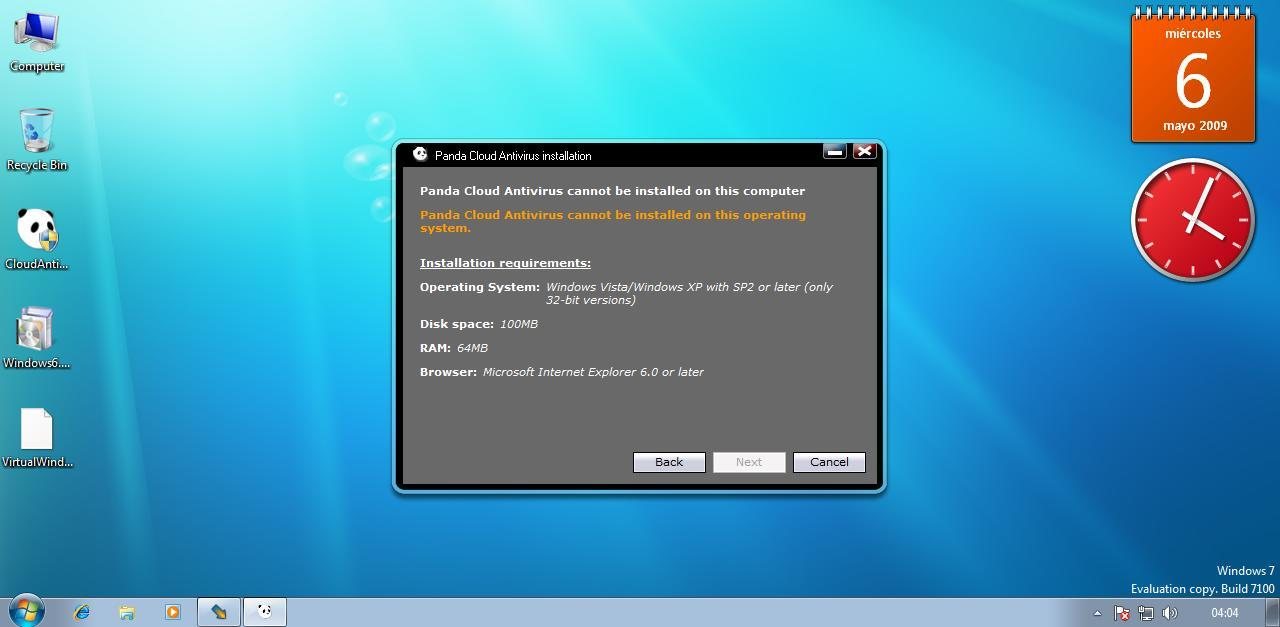 La advertencia del instalador del antivirus bajo Windows 7