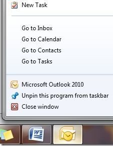 Office 2010 posee listas de salto en Windows 7