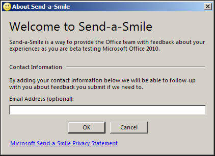 A través de Send-a-Smile puedes enviar comentarios o críticas sobre Office 2010