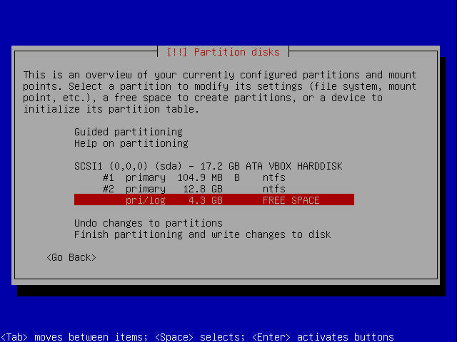 Debian detectó las particiones de Windows 7 y el espacio libre sin problemas