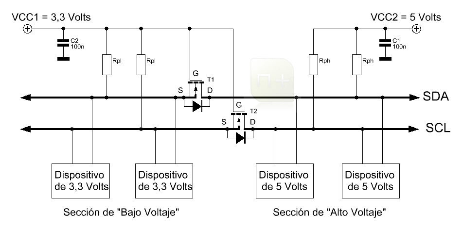 Circuito sugerido para el adaptador de tensiones I2C