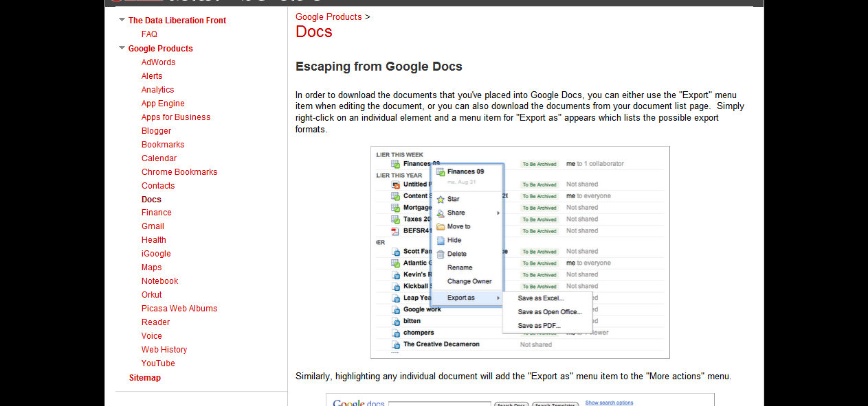 El sitio muestra los detalles necesarios para recuperar datos de un servicio. En este ejemplo, Google Docs.
