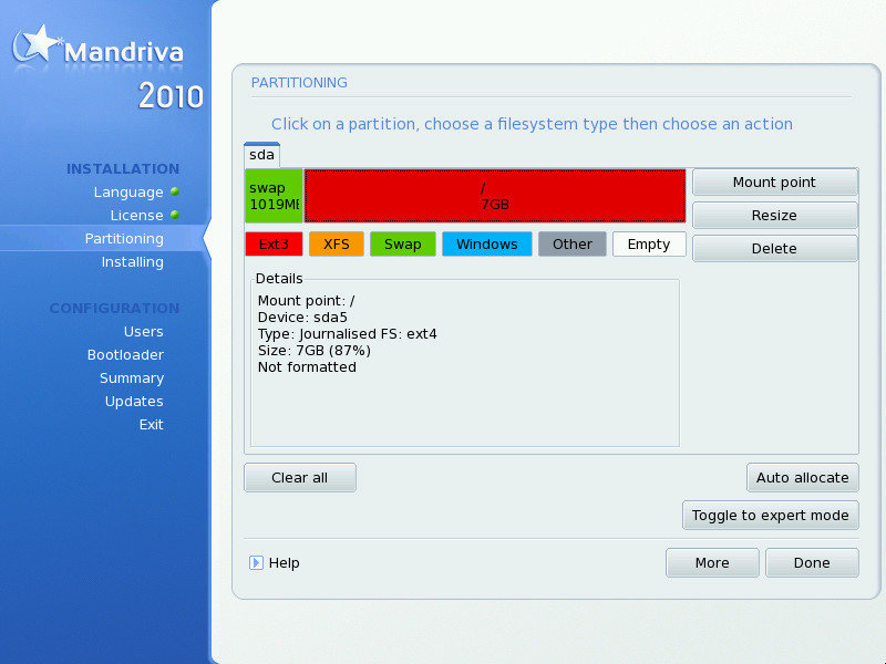 Mandriva 2010 también utiliza a ext4 como sistema de archivos por defecto