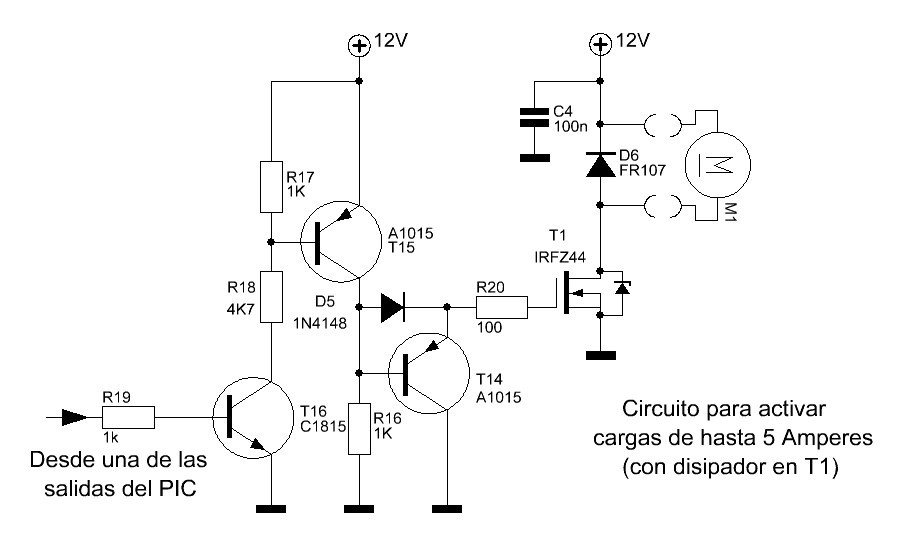 Circuito sugerido para exitar cargas a través de un transistor MOSFET