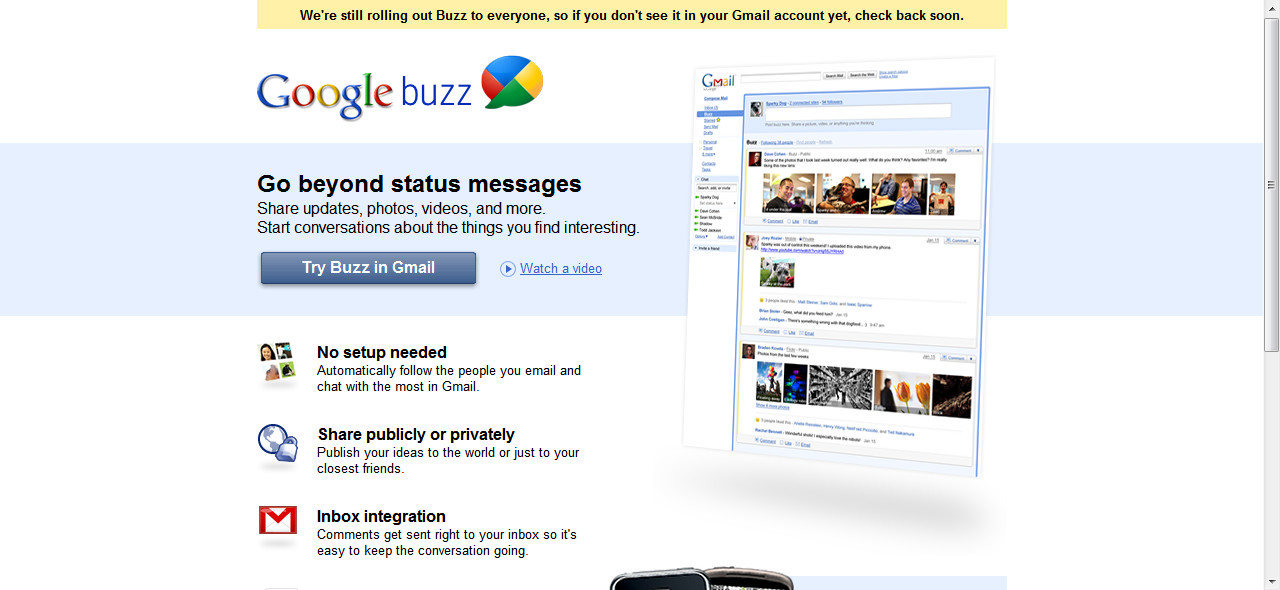 El sitio oficial de Google Buzz advierte sobre la ausencia del servicio en algunas cuentas