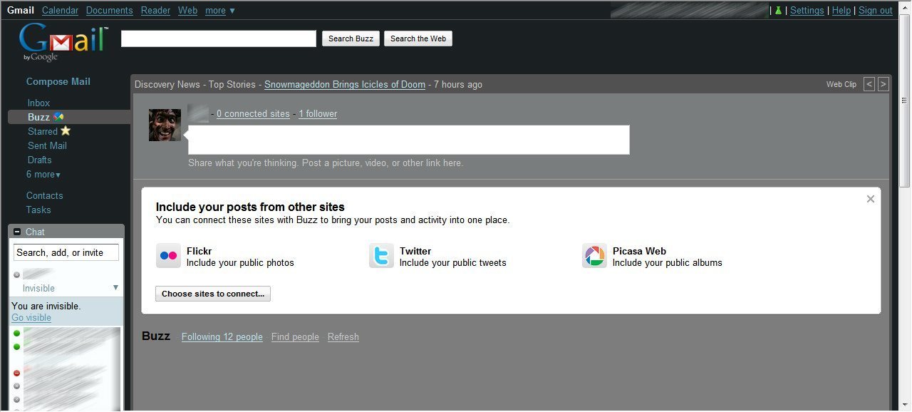 La pantalla inicial de Google Buzz. Un toque de Twitter, otro de Facebook, y una pizca de FriendFeed. Los colores son personalizados.