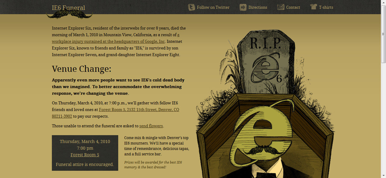 El sitio para el "funeral" de Internet Explorer 6, que se llevará a cabo el 4 de marzo