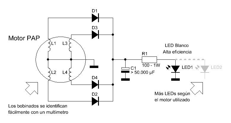 El circuito es muy sencillo. Apenas unos diodos rectificadores, el capacitor, una resistencia y el LED