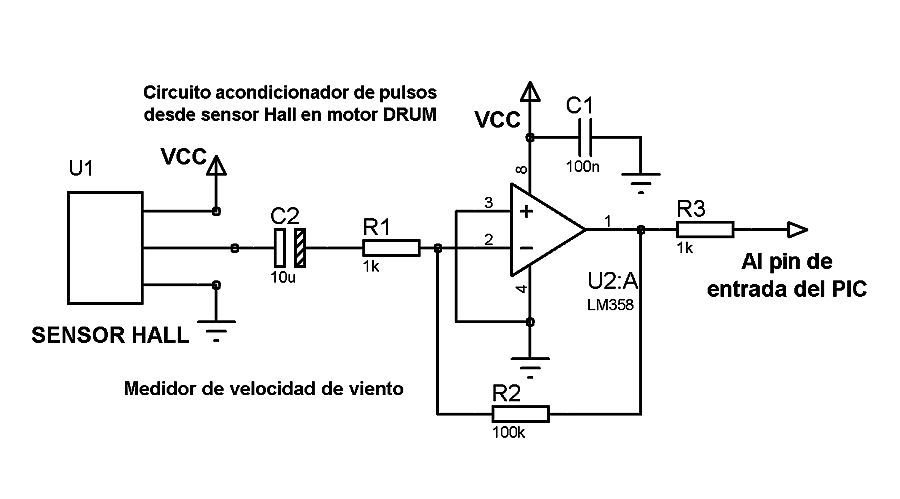Circuito para adaptar el impulso indicador de revoluciones del anemómetro