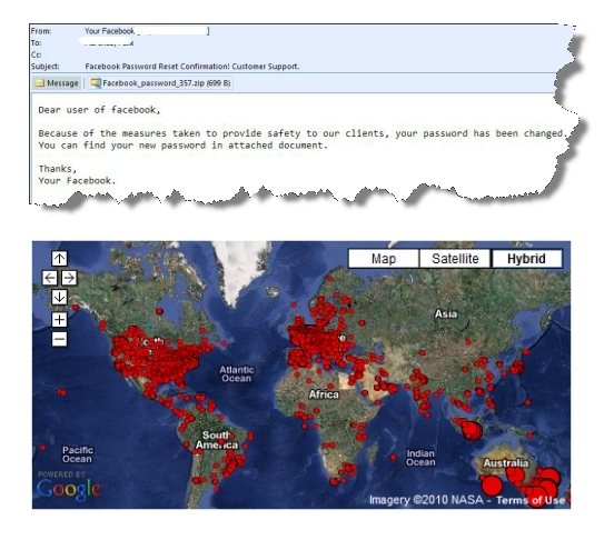 Una de las versiones del correo falso, y un mapa con la reciente actividad del spam