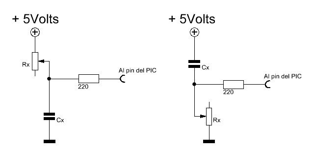 Variantes para la conexión de un conjunto RC a la entrada de un pin del PIC