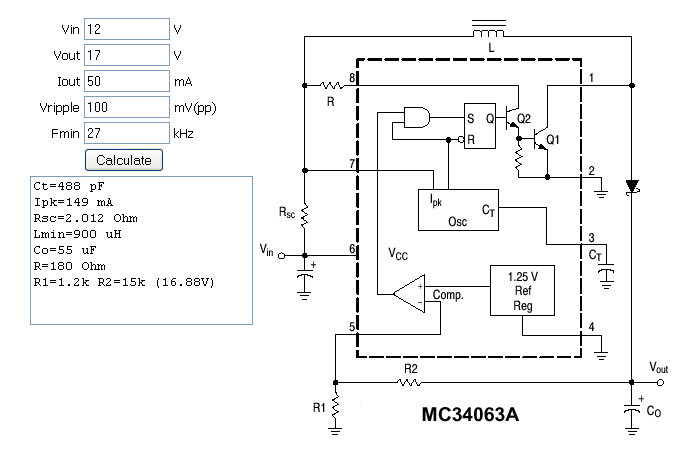Cálculo de los componentes asociados al MC34063A para obtener la tensión de los Gates