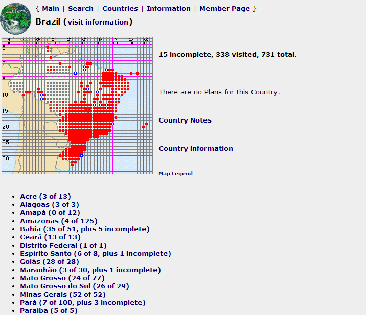 Un mapa con los puntos visitados y a visitar en Brasil.
