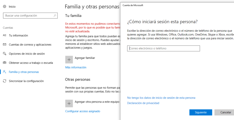 Configuración – Cuentas - Familia y otros usuarios - Agregar a otra persona al ordenador