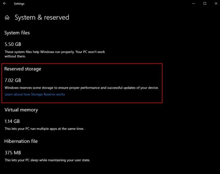 desactivar el espacio reservado en Windows 10